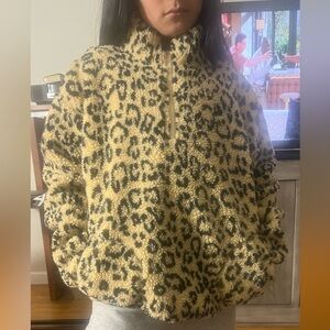 Polo Ralph Lauren High Pile Fleece Quater Zip Pullover Animal Leopard Print.